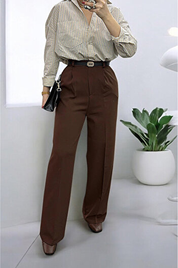 studio fashion 1988 Women's Coffee Pleated High Waist Wide Leg Pocket Polyviscose Fabric Palazzo Pants