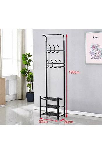 Generic Metal Clothes Hanger and Rack with Hooks and 3 Shoe Racks | Black 190x52x30 cm