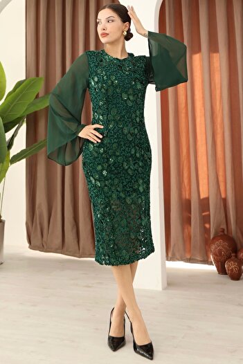 lodmela Velvet Midi Dress with Paillettes and Chiffon Sleeves 6045-Green