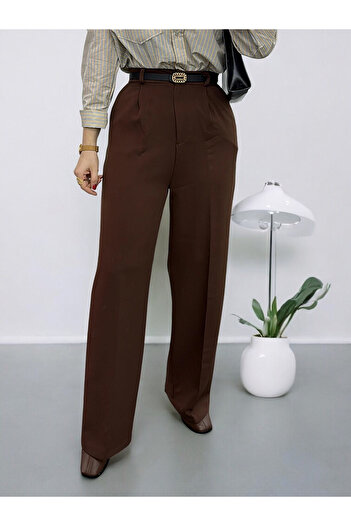 studio fashion 1988 Women's Coffee Pleated High Waist Wide Leg Pocket Polyviscose Fabric Palazzo Pants