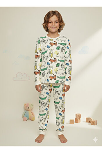 ROSAMİNA Boy's 100% Cotton Animal Patterned White Color Pajama Set