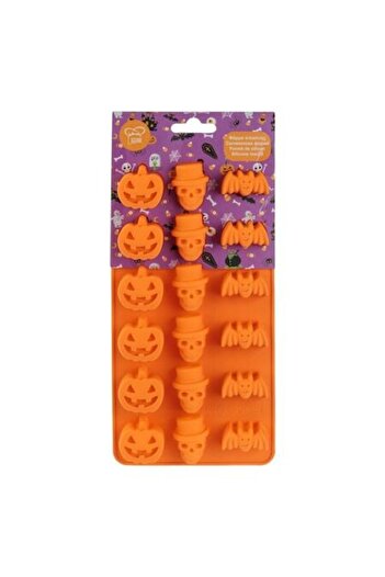 SHOPIENS Silicone Mold Halloween 18 Compartments Pumpkin, Skull, Bat Orange 11x21.5cm
