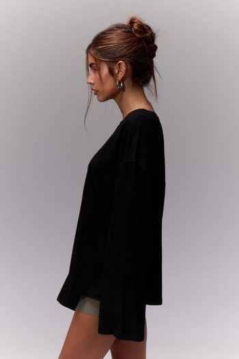 Tarz Cool Women's 100% Cotton Crew Neck Oversize Fit Long Sleeve Black T-Shirt