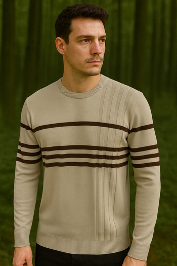 Maccali Men's Striped Long Sleeve Cream Knitwear Winter Sweater