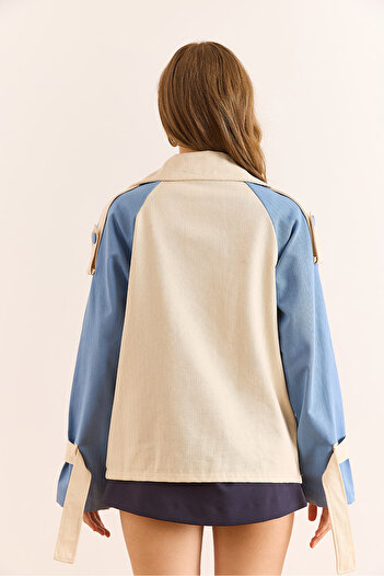 Olalook Women's Stone Blue Color Detailed Unlined Herringbone Gabardine Jacket Ckt-19000468