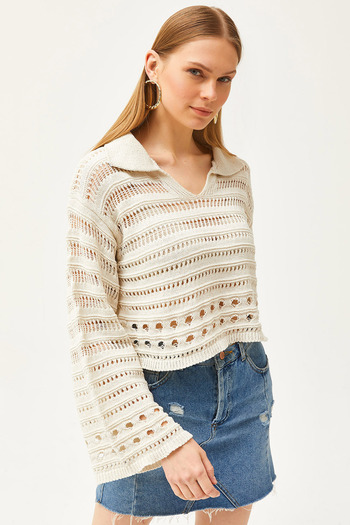 Olalook Women's Ecru Polo Neck Openwork Knit Blouse Blz-19003120