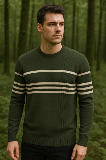 Maccali Men's Striped Long Sleeve Khaki Knitwear Winter Sweater