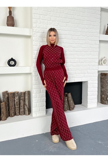 LE CARAMBOLE Women's Burgundy Knitwear Set with Stone Detail on the Bottom and Top