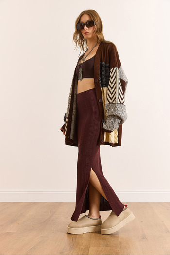 Olalook Women's Brown Side Slit Flowy Stretchy Viscose Knit Skirt Etk-19000356