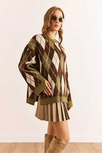 Olalook Women's Green Baklava Pattern Oversize Soft Textured Knitwear Sweater Kzk-19000996