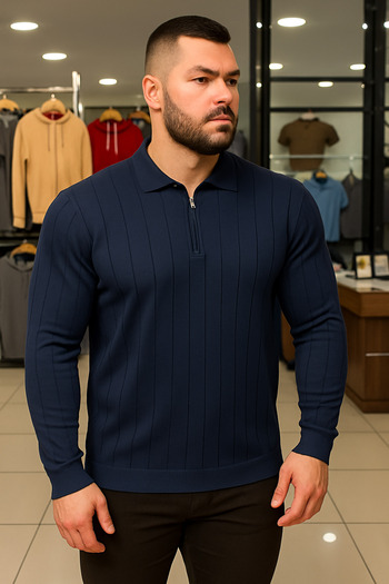 Maccali Men's Winter Plus Size Navy Blue Zippered Sweatshirt