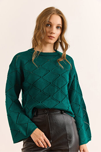 Olalook Women's Emerald Green Openwork Spanish Sleeve Knitwear Sweater Kzk-19000999