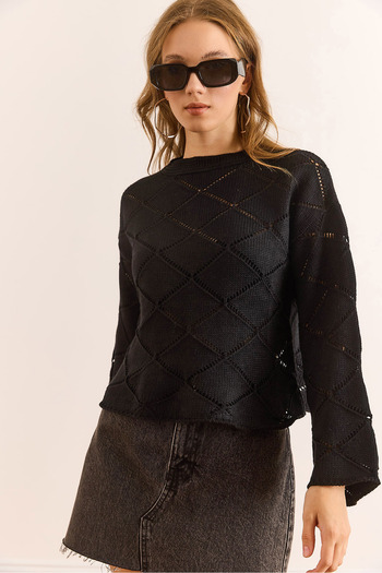 Olalook Women's Black Openwork Spanish Sleeve Knitwear Sweater Kzk-19000999