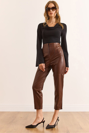 Olalook Women's Brown Fleto Pocket Pencil Trousers with Raised Faux Leather Detail Pnt-19000367