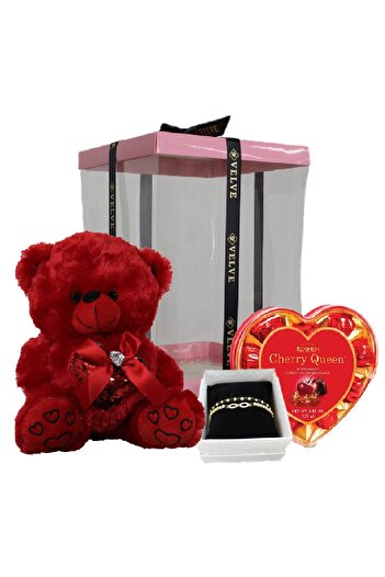 velve Gift package for lovers, Sparkle, 25 cm teddy bear, set of two stainless steel bracelets, Cherry pralines