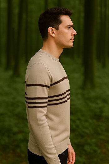 Maccali Men's Striped Long Sleeve Cream Knitwear Winter Sweater