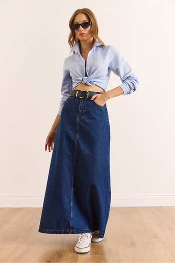 Olalook Women's Dark Blue A-Line Maxi Denim Skirt with Pockets Etk-19000357