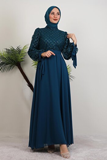 GİYZAMİLA Leyal Tulle Detail Dress Petrol