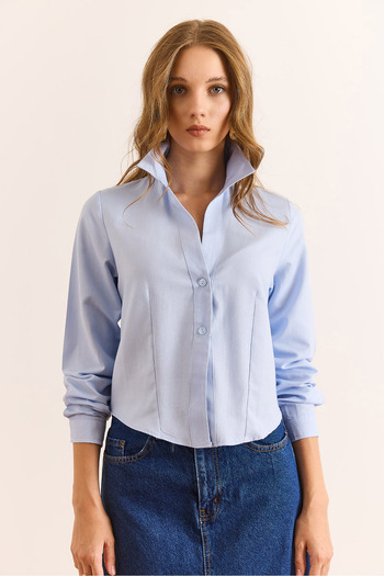 Olalook Women's Baby Blue 2 Button Pencil Waist Fitted Crop Shirt Gml-19001392