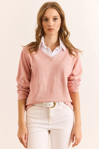 Olalook Women's Dusty Rose Shirt Collar Detailed Thessaloniki Blouse Blz-19002777