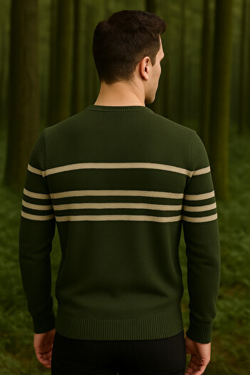 Maccali Men's Striped Long Sleeve Khaki Knitwear Winter Sweater