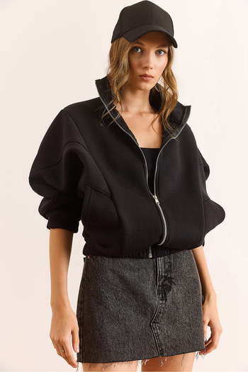 Olalook Women's Black Stitching Detailed Oversized Sweatshirt with Pockets Swt-19000751