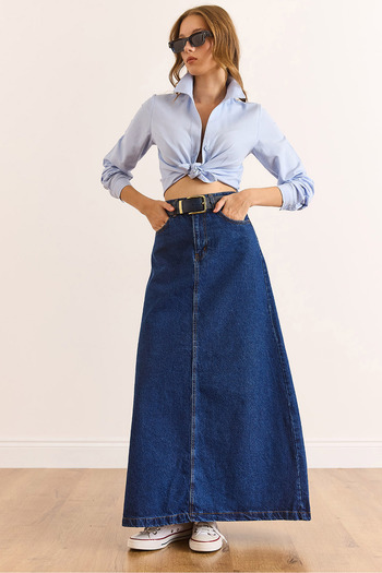 Olalook Women's Dark Blue A-Line Maxi Denim Skirt with Pockets Etk-19000357