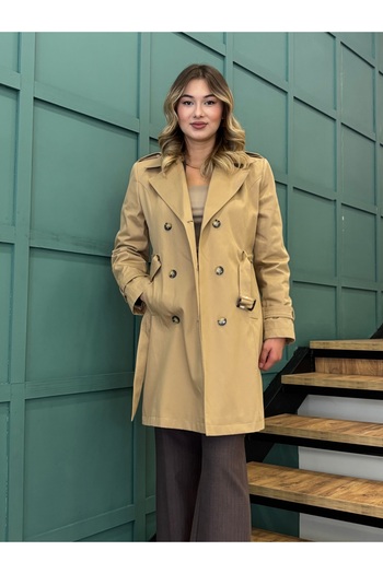 AYHAN Women's Belted, Front Buttoned, Double-Breasted Collar, Pocketed Trench Coat