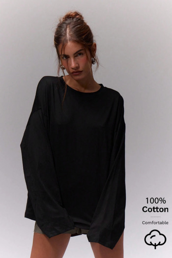 Tarz Cool Women's 100% Cotton Crew Neck Oversize Fit Long Sleeve Black T-Shirt