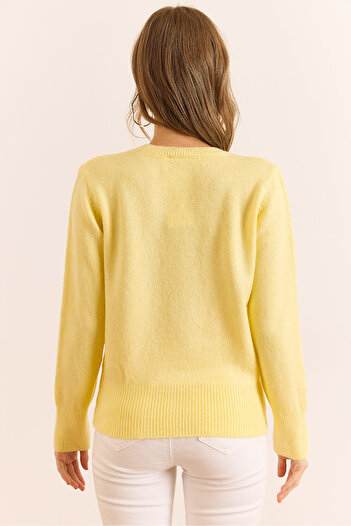 Olalook Women's Yellow Crew Neck Soft Textured Basic Knit Sweater Kzk-19000845