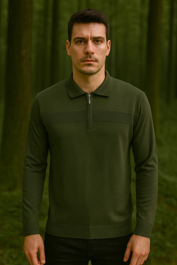 Maccali Men's Striped Zippered Polo Neck Khaki Winter Sweater