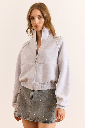 Olalook Women's Gray Melange Raglan Sleeve Zippered Ribbed Thick Crop Sweatshirt Swt-19000749