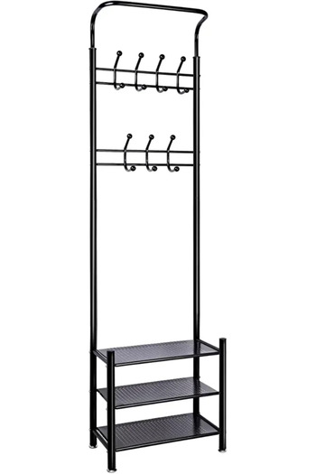 Generic Metal Clothes Hanger and Rack with Hooks and 3 Shoe Racks | Black 190x52x30 cm