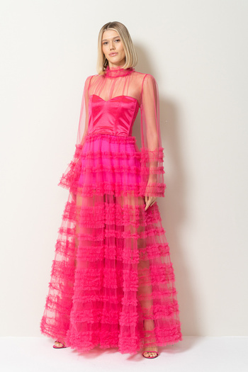 Kikiriki Fuchsia Ruffled Maxi Transparent Dress