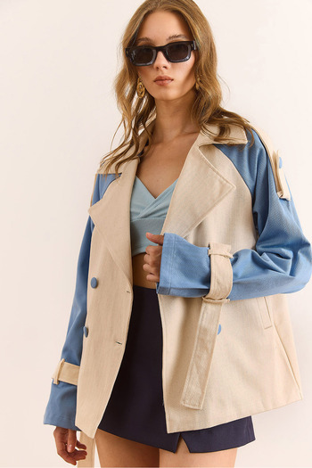 Olalook Women's Stone Blue Color Detailed Unlined Herringbone Gabardine Jacket Ckt-19000468