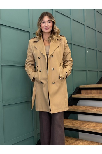 AYHAN Women's Belted, Front Buttoned, Double-Breasted Collar, Pocketed Trench Coat