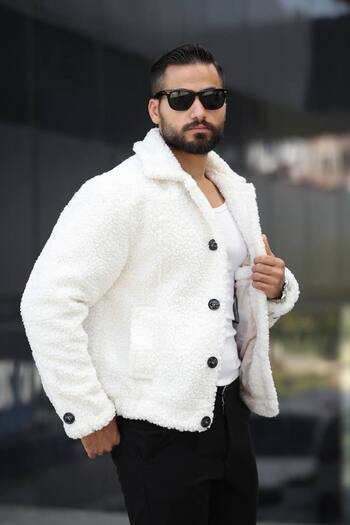 İLKCET MODA Men's Lined White Lightweight Loose Plush Coat