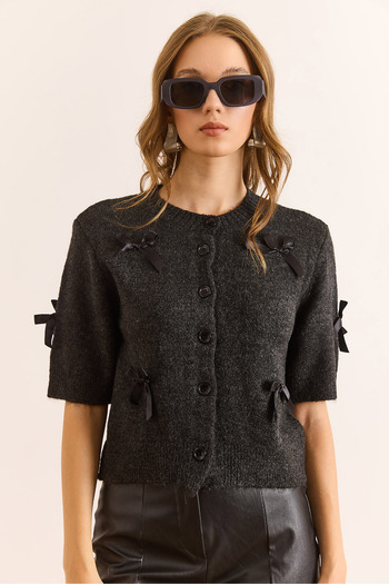 Olalook Women's Anthracite Bow Detailed Soft Textured Short Sleeve Cardigan Hrk-19000399