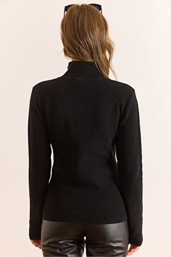 Olalook Women's Black Stand Collar Snap Fastener Soft Textured Knit Sweater Kzk-19000998