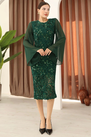 lodmela Velvet Midi Dress with Paillettes and Chiffon Sleeves 6045-Green