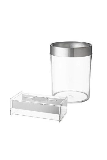 ORIAN Clear acrylic basket and napkin set with a wide silver line