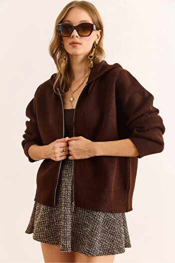 Olalook Women's Brown Hooded Zippered Soft Textured Thick Knit Cardigan Jacket Ckt-19000469