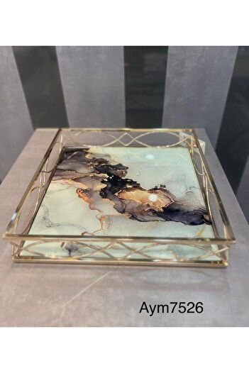 ZETT Ebruli Model Gold Detailed Square Tray Presentation Tray Stylish Decorative Tray