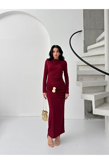 Serica Moda Burgundy Shirred Buckle Detailed Dress