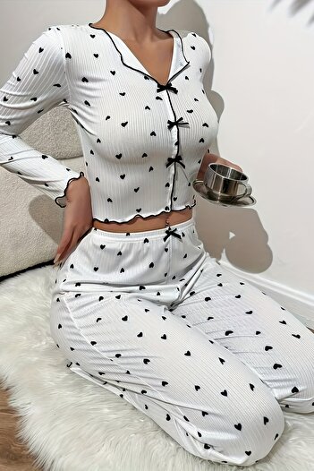 Merry See Heart Printed Long Sleeve Pajama Set