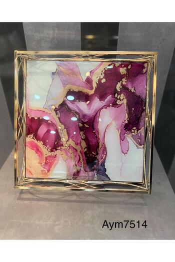 ZETT Ebruli Model Gold Detailed Square Tray Presentation Tray Stylish Decorative Tray
