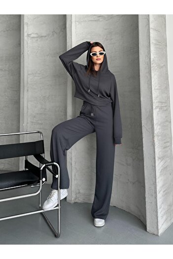 FERZOLAİO Hooded Anthracite Crop Tracksuit Set