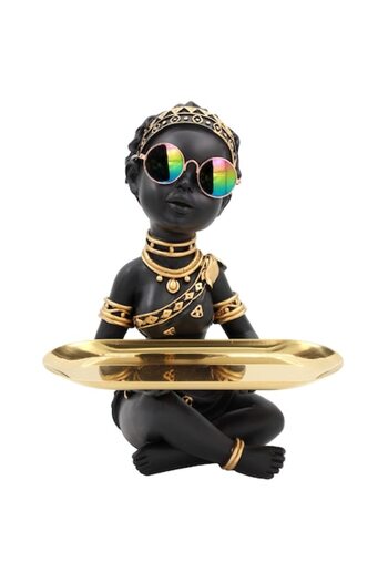 BLA BLA FOAM Statueta decorativa exotica, fata africana tribala cu tavita 23x9,5 cm – negru-auriu