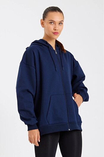 Tight Lady Lacivert 3 iplik Kanguru Cepli Kapüşonlu Fermuarlı içi Polarlı Oversize Kadın Sweatshirt Hırka