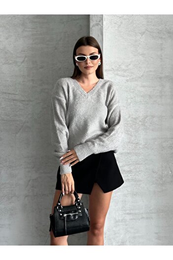FERZOLAİO V-Neck Soft Gray Oversize Sweater